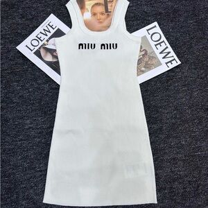Miu Miu White Ribbed Logo Tank Mini Dress